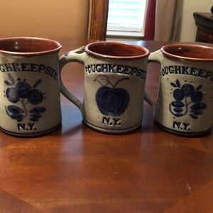 Harvey folk art handmade stone Poughkeepsie NY coffee mugs set of three